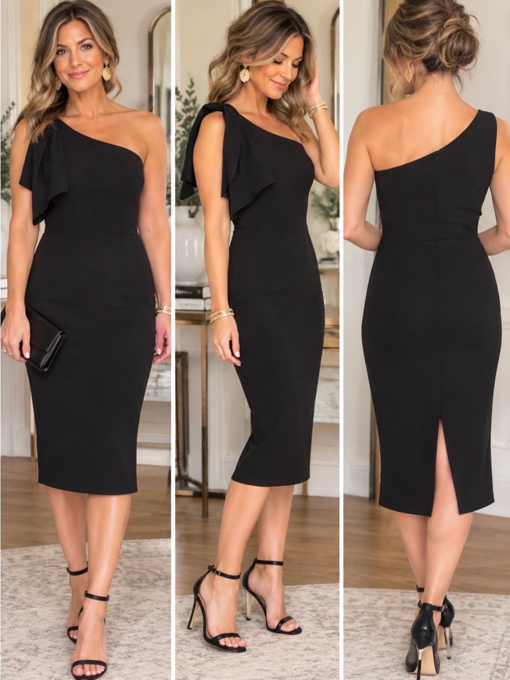Dress the Population Black One-Shoulder Midi Dress